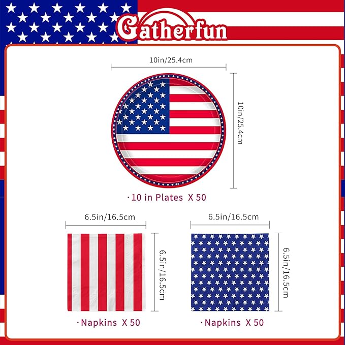 Paper Party Plates with Napkins, American Flag Design, 150 Count