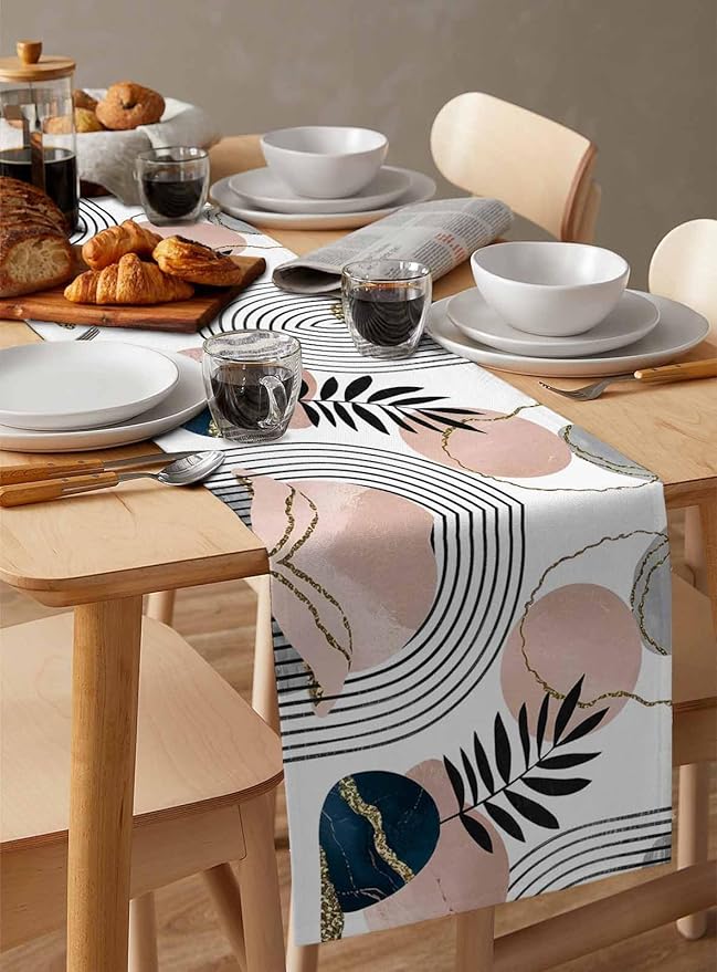 Modern Boho Cotton Linen Table Runner for Dining Kitchen, Wedding Outdoor Party Tablerunners Decoration, Abstract Bohemian Tropical Palm Leaf Dresser Scarf Coffee Tablecloth Runners 13x36 Inches