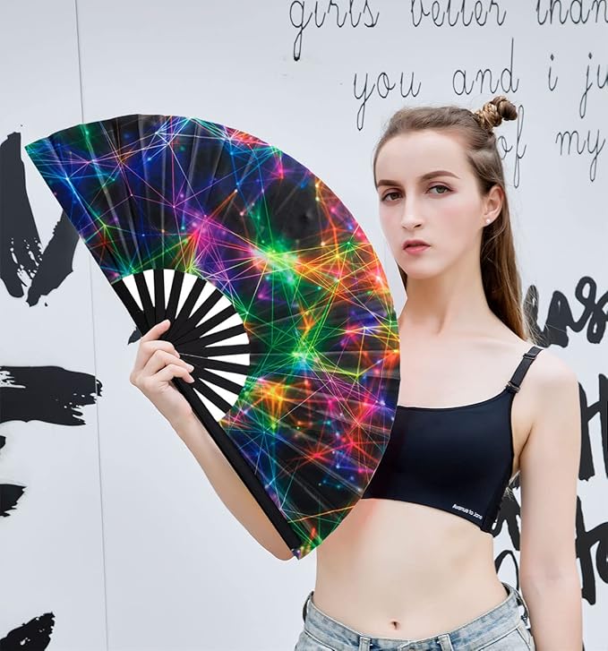 Amajiji Rave Folding Hand Fan Popping Fans for Line Dancing, Large Clacking Fans Clap Fan for Boots On The Ground Dance,Party,Decoration,Festival (Starry Sky)