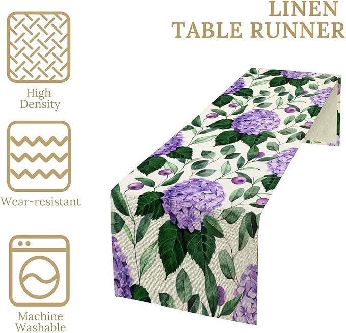 Spring Hydrangea Flower Table Runner, Seasonal Summer Plants Eucalyptus Leaves Purple Florals Dinner Runner for Home Kitchen Dining Table Party Holiday Decoration 13"x70"