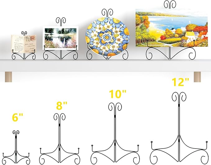 Plate Display Stands with Hinged Folding Design, 8 Inch Picture Frame Stand for Tables, Decorative Easels for Plates, Photos, Cards and Books, 8’’ Black
