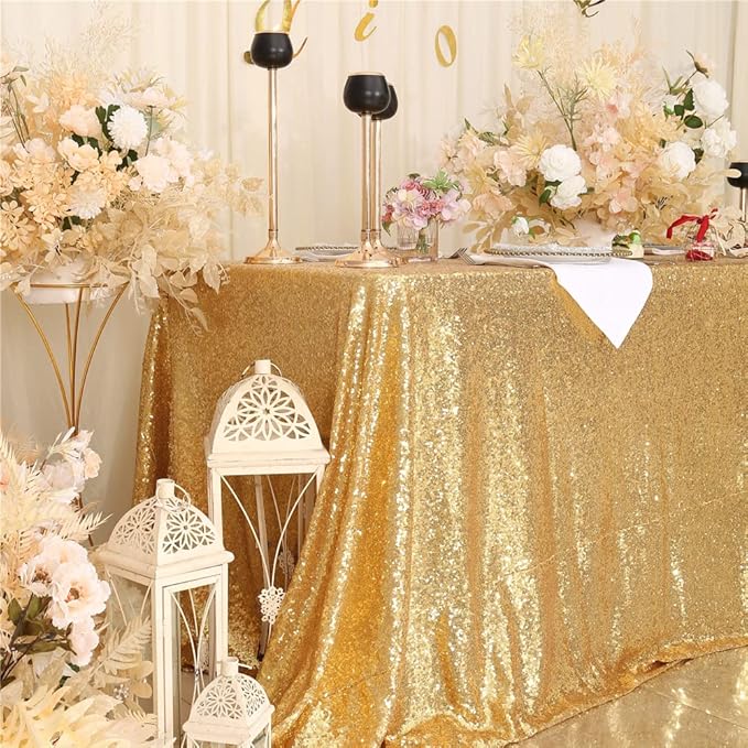 SquarePie Sequin Tablecloth 90 x 132 Inch Gold Sparkly Table Cloth for Wedding Party