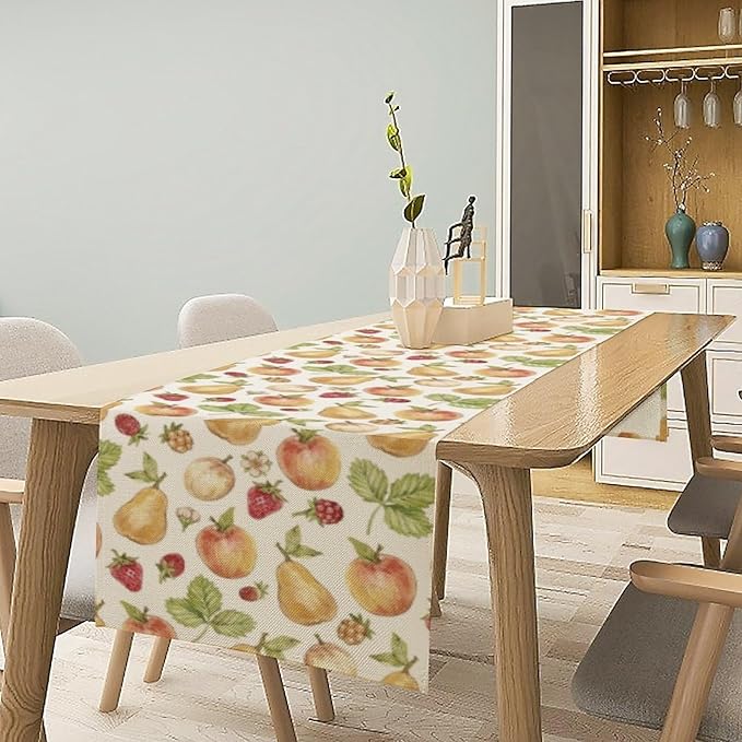 Vintage Spring Summer Fruit Table Runner Watercolor Pear Strawberry Leaves Dinner Runner for Farmhouse Party Holiday Home Kitchen Dining Table Decor 13x60