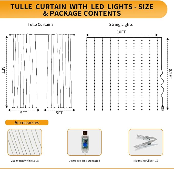 Baby Blue Tulle Backdrop Curtain with Lights String - 10x8ft Sheer Backdrop with 250 LEDs for Wedding, Baby Shower, Bridal Shower, Birthday Party Photo Shoot Background and Home Decorations