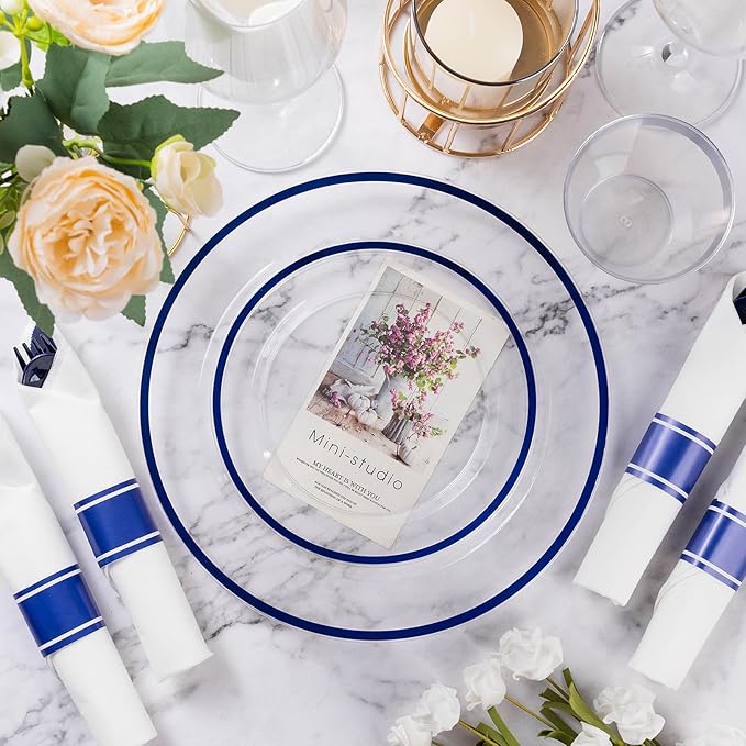 Plates Set for 25 Guests, 175 Pieces, Dark Blue with Blue Rim