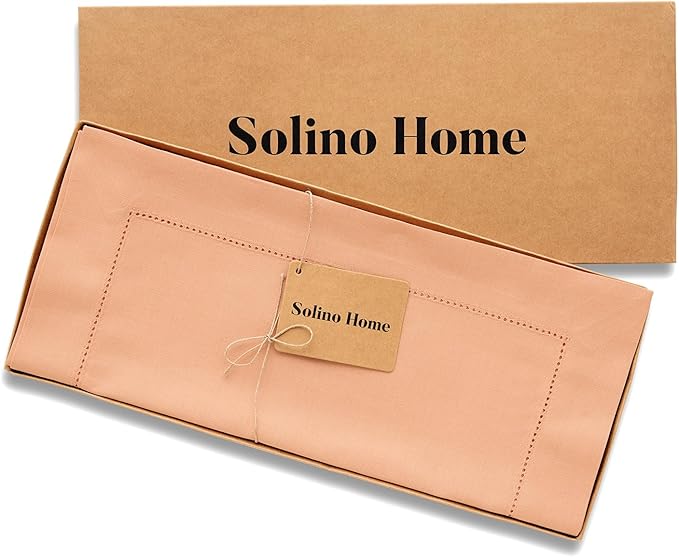 Solino Home Cotton Linen Table Runner 108 Inches Long - Hemstitch Peach Bloom Dining Table Runner 14 x 108 Inch
