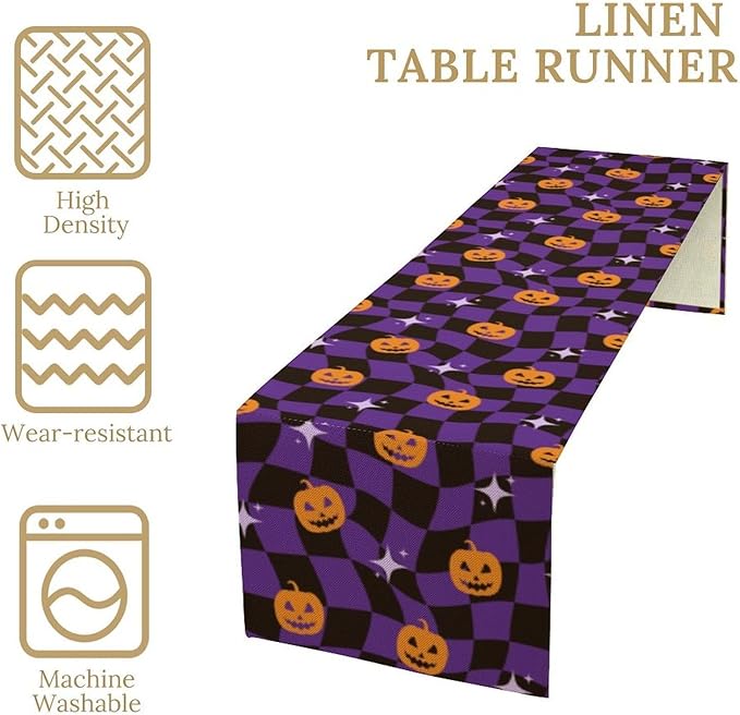 Halloween Table Runner,Purple Checkered Pumpkin Table Runner for Kitchen Dining Table Decoration Home Party Decor 13x120 Inch