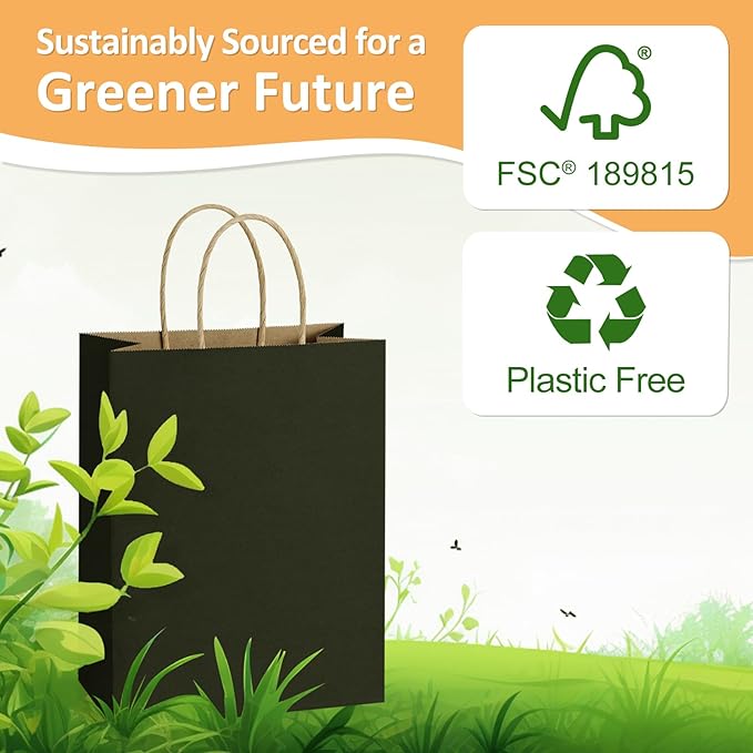 Gift Bags 100 Count 10x5x13 Inch Black Kraft with Twist Handles