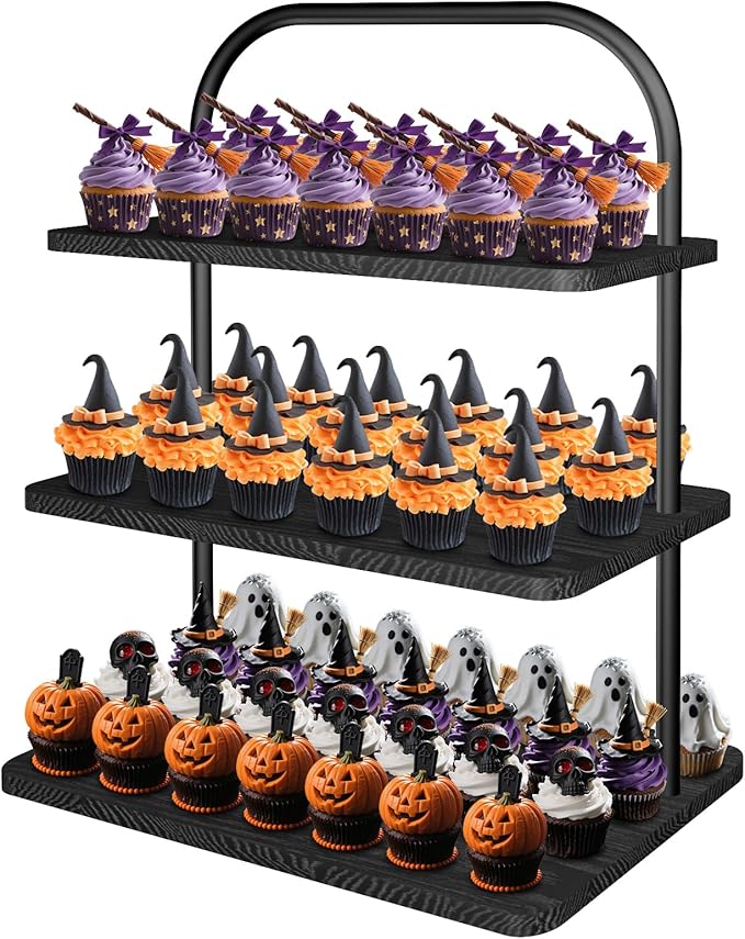 Cake Stand, 3-Tier Wood and Metal Cupcake Tower in Black, Holds 50 Cupcakes