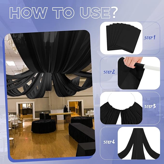 6 Panels Black Ceiling Drapes for Wedding 5ftx15ft Ceiling Drapes Wedding Arch Draping Fabric Cheesecloth Sheer Curtain Romantic Ceiling Decorations for Weddings Party Banquet Ceremony Stage