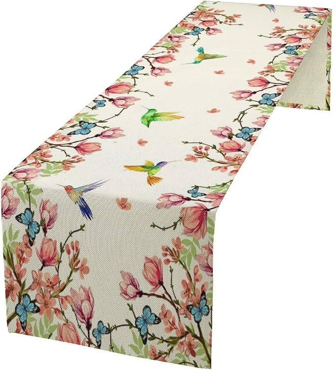 Vintage Watercolor Flower Hummingbird Table Runner Seasonal Spring Garden Plants Birds Florals Farmhouse Country Kitchen Dinner Runner Dining Table Decoration 13"x120"