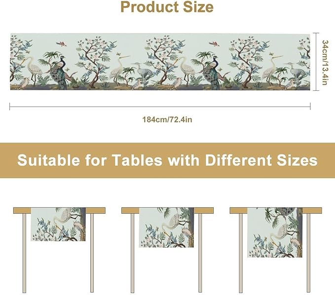 Peacock Table Runner,Retro Chinese Peonies Flowers Peacock Table Runner for Home Kitchen Dining Party Indoor Outdoor Decoration 13x90 Inch