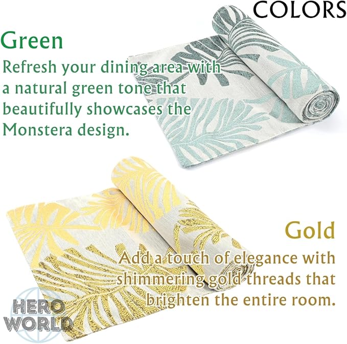 Monstera Leaf Table Runner – Elegant Fabric Table Centerpiece, Machine Washable, Gold or Green, 71"/83"/94" Length, 13" Width (Green/71)