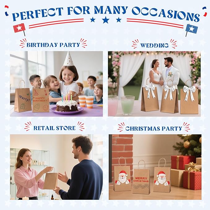 Gift Bags, Brown Kraft Paper, 5.25 x 3.75 x 8 Inch, Pack of 300