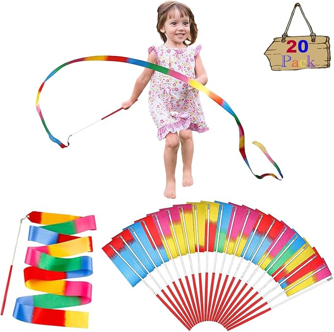 20Pack Rainbow Ribbon Streamers, Dance Ribbon Streamers Wands for Kids Party Supplies Goodie Bag Stuffers, Gymnastics Twirling Ribbon Stick Dance Streamers Party Favors for Kids Adults