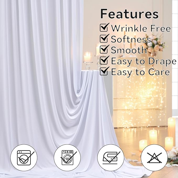 40×12ft White Wrinkle Free Backdrop Curtain, Soft Silky Easy to Drape Wedding Drapes for Backdrop, 8 Panels 12 ft Long Backdrop Curtains for Parties Birthday Baby Shower Photo Photography Background