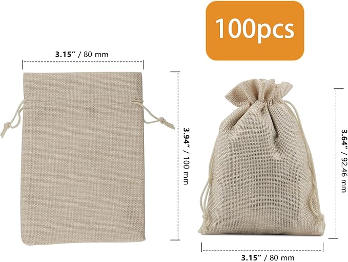 Burlap Gift Bags with Drawstring, 100 Count, 3 x 4 Inch, Linen