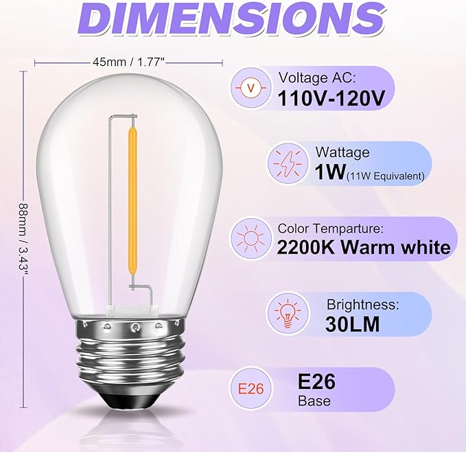 LED S14 Bulbs, 28 Pack Warm White Waterproof for String Lights