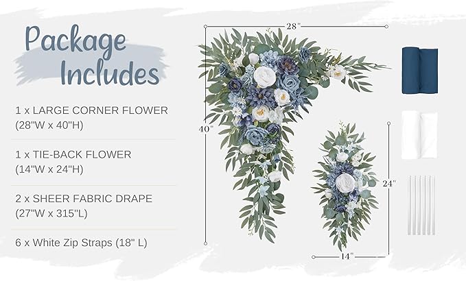 Artificial Flowers Wedding Arch Kit, Dusty Blue Silk Roses with Sheer Drapes
