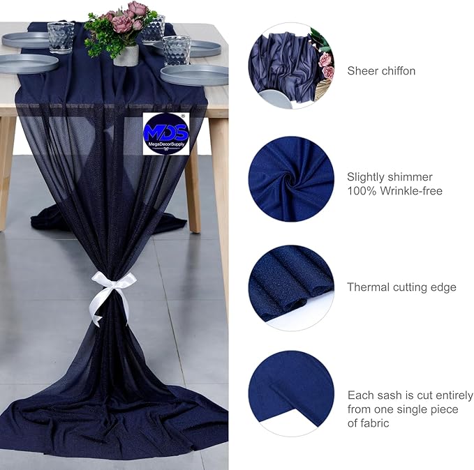 MDS 20 Pack 10ft Chiffon Table Runner 29 x 120 Inches Sheer Wedding Runner Romantic Rustic Table Runner for Wedding Decorations, Birthday Parties, Bridal Shower Party Arch Decor - Navy Blue