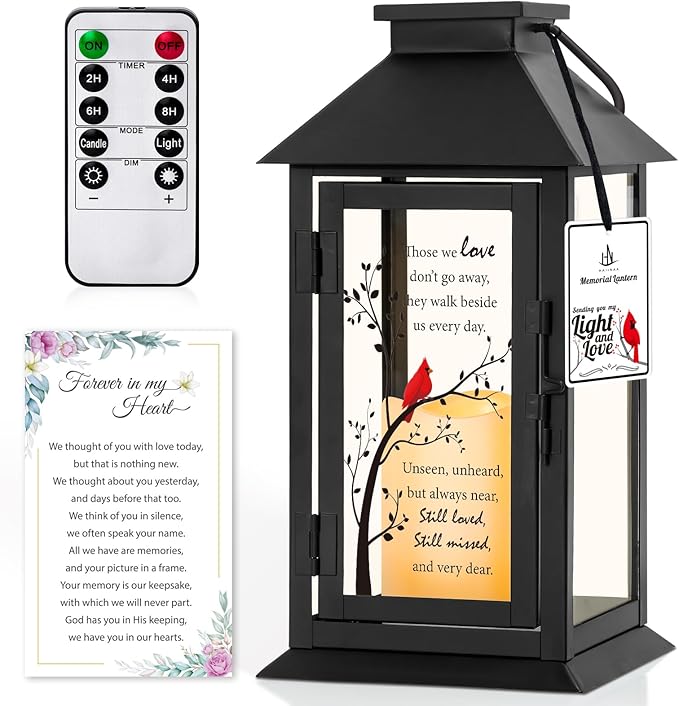 Decorative Candle Lantern for Memorials, Metal and Glass, 14.2 Inch