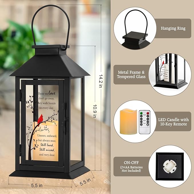 Decorative Candle Lantern for Memorials, Metal and Glass, 14.2 Inch