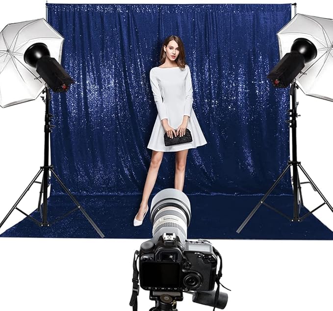 Poise3EHome 6Ft x 8Ft Navy Blue Sequin Backdrop Curtain, Glitter Thick Satin Sequin Background Drapes, Sparkly Backdrop for Weddings, Parties, Xmas, Thanksgiving Decor