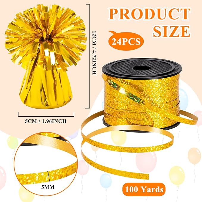 Balloon Weights, 24 Gold Metallic Foil Anchors with Ribbon