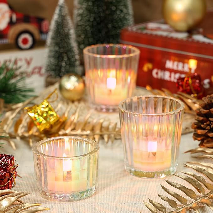 24 Pcs Ribbed Iridescent Votive Candle Holders - Glass TeaLight Candle Holders for Weddings, Baby Showers, Home Décor, Party Centerpieces, and Table Decorations