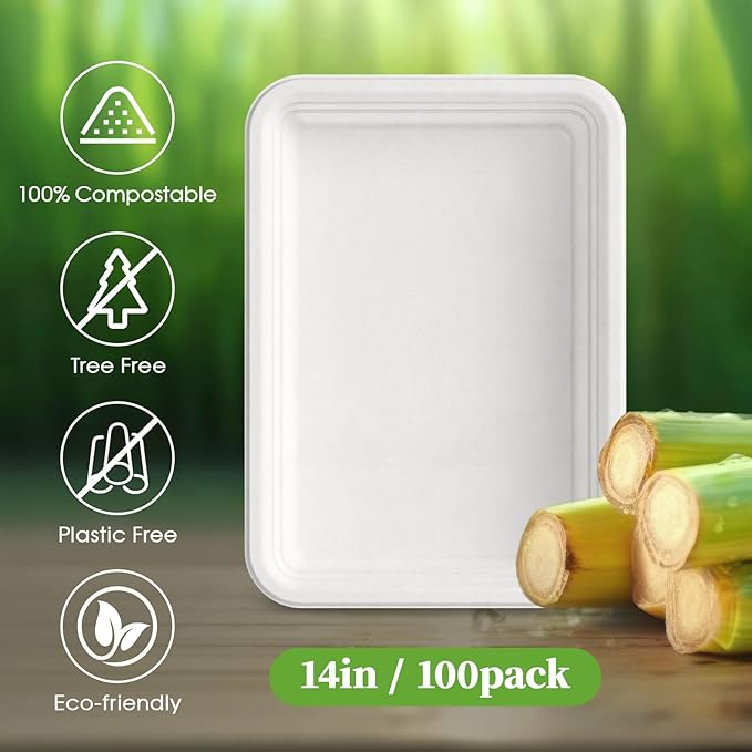 Disposable Food Trays 100 Pack 13.8 x 9.8 Inch White Rectangular