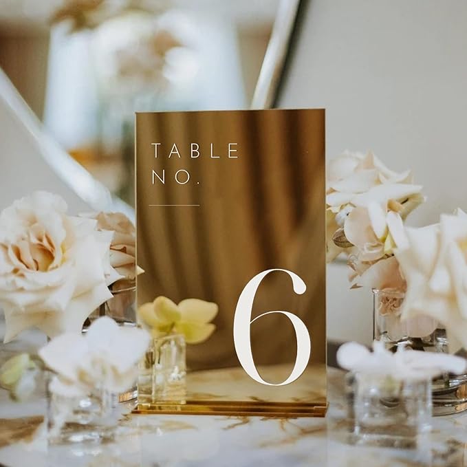 JINMURY Gold Wedding Table Numbers 1-15 with Stands, 5"x7" Gold Mirror Acrylic Table Numbers, Perfect for Wedding Reception, Party, Anniversary, Event