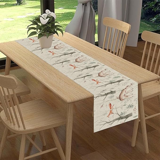 Rustic Woodland Table Runner, Farmhouse Forest Animals Country Lodge Wild Animals Fox Rabbits Table Center Decor for Home Kitchen Dining Patio Holiday Party Indoor Table Decorations, 13"x108" Inch