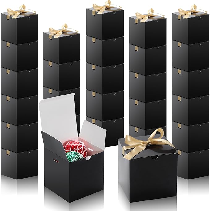 DOYIDE 60 Pcs Small Gift Boxes, 3x3x3 inches Kraft Paper Gift Box with Ribbons, Black Candy Boxes for Christmas Wedding Favors Baby Shower Bridal Shower Birthday Party