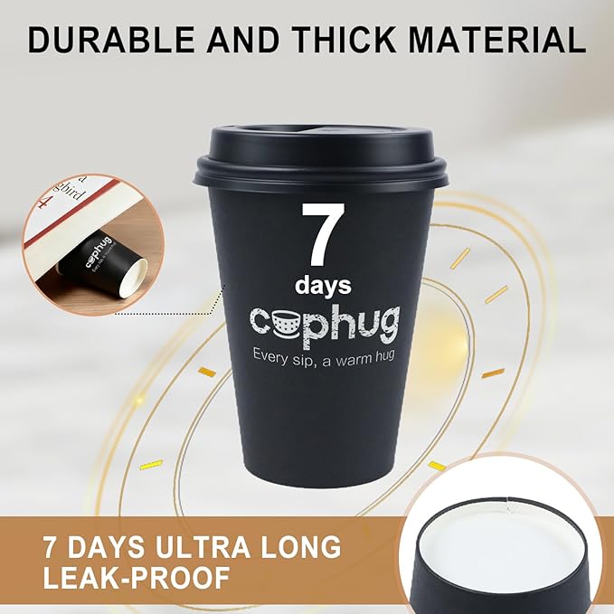 Disposable Paper Coffee Cups with Lids, 12 oz Black, 100 Count