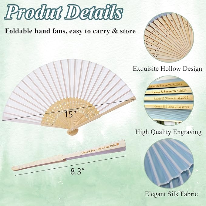 Personalized Engraved Light Blue Fans, Folding Hand Fans 70 Pcs, Wedding Party Favors, Custom Silk-Bamboo Fans