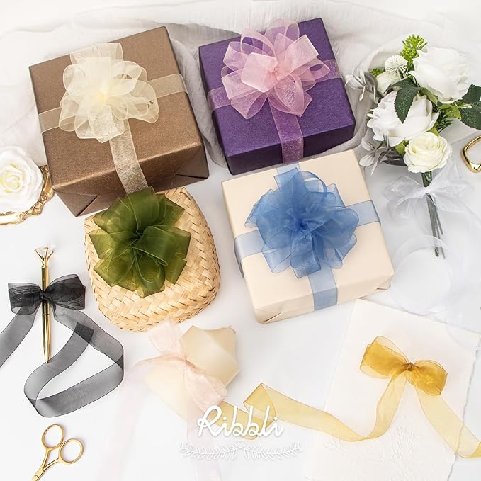 Ribbli 8 Rolls Organza Ribbon 1 Inches Total 80 Yard White Ivory Champagne Gold Rose Gold Dusty Blue Moss Black Sheer Ribbon for Gift Wrapping,Cookie Wrapping,Easter,Wedding Decoration