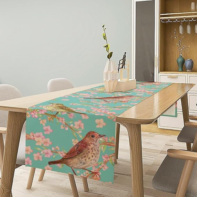 Table Runner with Flowers and Birds, Spring Plant Flowers Table Decoration Linen Table Runner Family Party Party Decorations 13x36 Inches