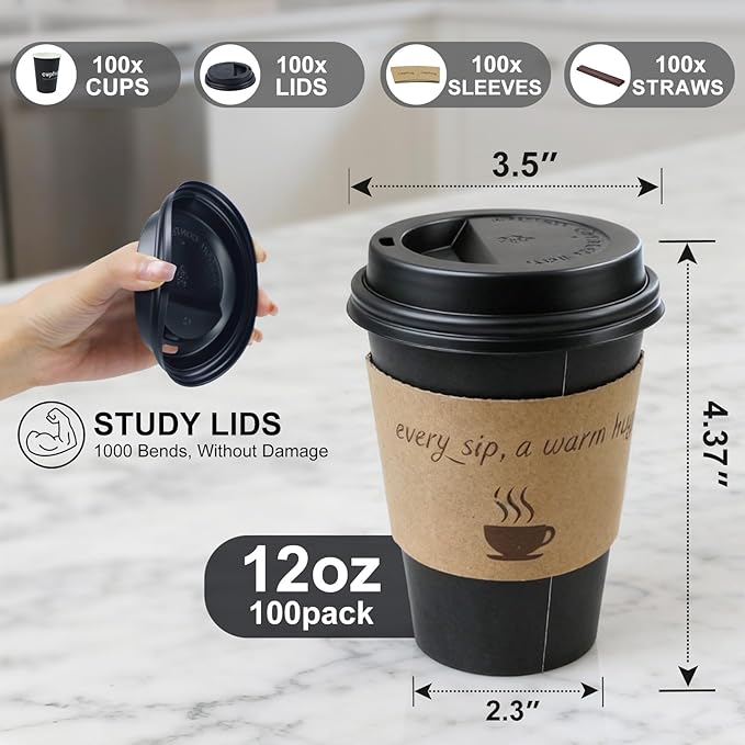 Disposable Paper Coffee Cups with Lids, 12 oz Black, 100 Count