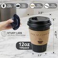 Disposable Paper Coffee Cups with Lids, 12 oz Black, 100 Count