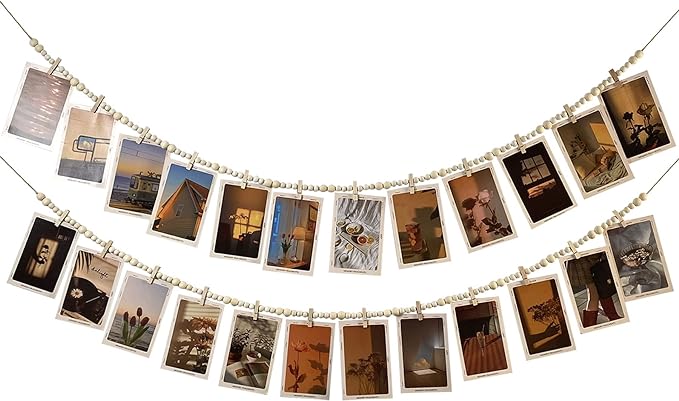 Hanging Photo Display With 12 Clips, Wooden Bead Garland 2PCS, Boho Style Collage Photo Frame Decoration for Dorms, Classrooms, Bedrooms