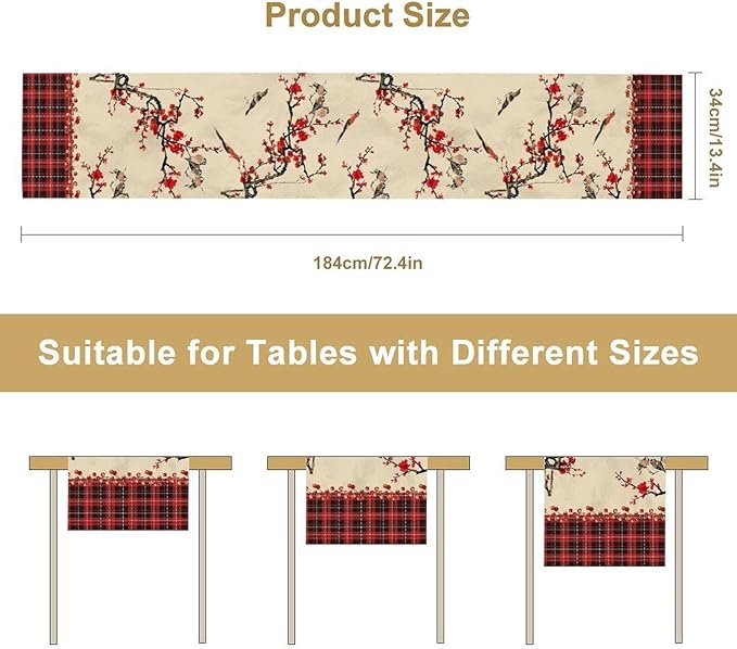 Bird Table Runner,Red Black Buffalo Plaid Blossom Seasonal Table Runner for Kitchen Dining Table Decoration Home Party Decor 13x120 Inch