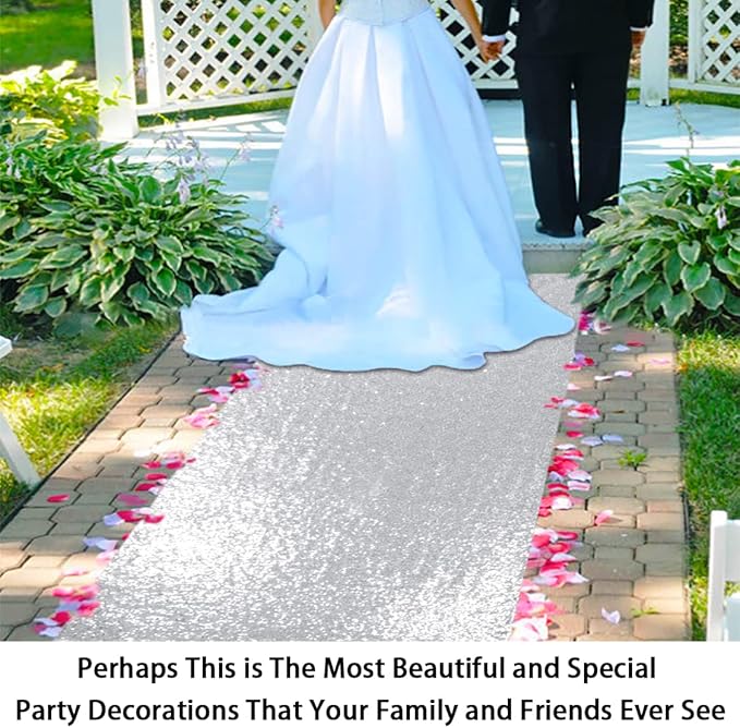 Aisle Runner in Silver Glitter, 2 x 15 Feet, Machine Washable