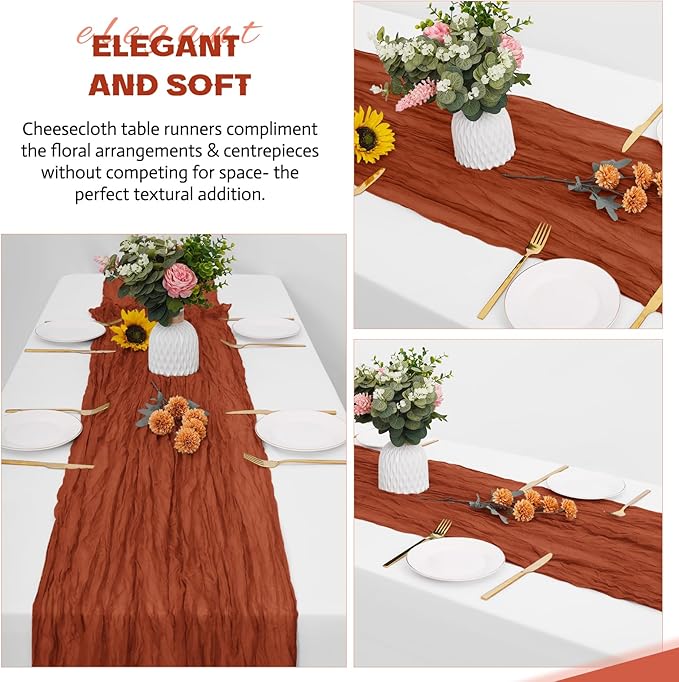 Aktor 12 Pack Terracotta Table Runner Boho Cheesecloth Table Runner Semi Sheer Gauze Fabric Runners for Wedding Birthday Baby Shower Party Boho Table Decoration（Terracotta）