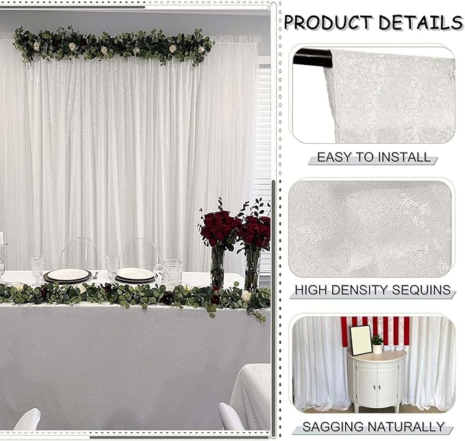 Sequin Backdrop Curtain in White, 10 ft x 10 ft, Shimmering Photo Backdrop