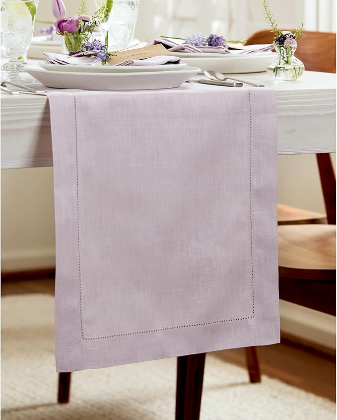 Solino Home Linen Lilac Table Runner 90 Inches Long - 100% Pure Linen Hemstitch 14 x 90 Inch Table Runner for Dining, Fall, Autumn, Thanksgiving, Christmas - Classic Hemstitch