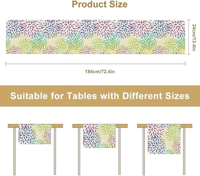 Purple Flowers Table Runner, Chrysanthemum Dahlia Vintage Modern Colorful Spring Summer Elegant Table Runner for Party Kitchen Dining Living Room Laundry Room Decor, 13x120 Inch