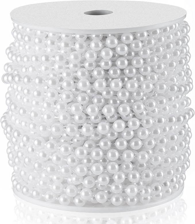 Craft String Pearls 6MM Pearl Bead, 66 Feet White Faux Pearl Garland Spool Roll Strand Wedding Party Decoration, Christmas Tree Decorations