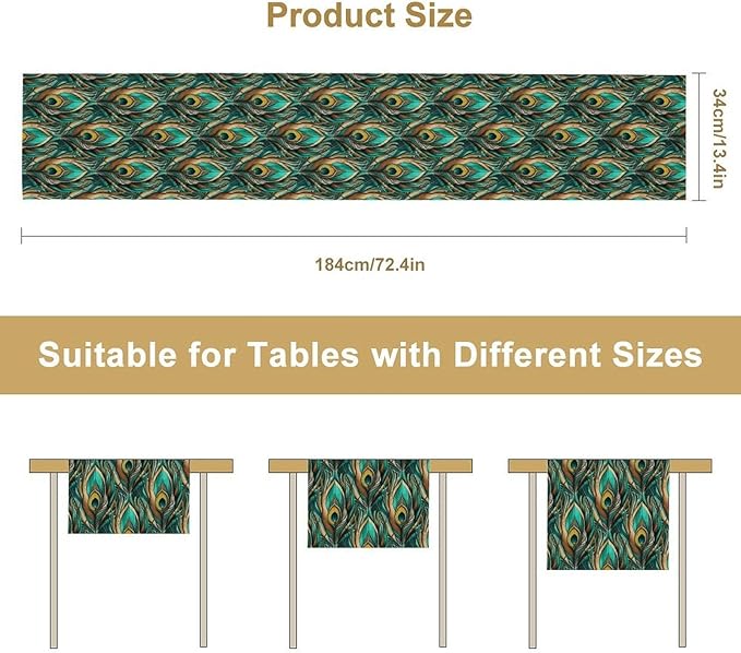 Peacock Feather Table Runner,Retro Aesthetic Green Table Runner for Home Kitchen Dining Party Indoor Outdoor Decoration 13x108 Inch
