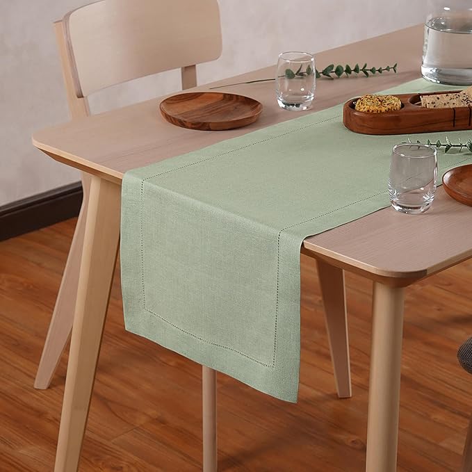 Linen Table Runner 90 inches Long – 100% Pure Linen Sage Green Hemstitch Table Runner 14 x 90 Inch for Dining, Spring, Summer, Wedding Decorations, Gift – Elara