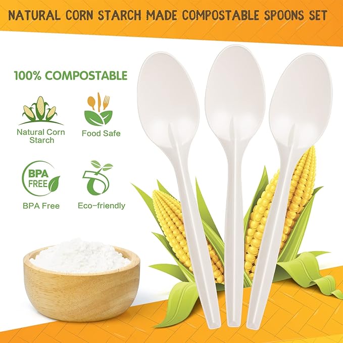 Disposable Compostable Spoons, 300 Count, White, Corn Starch